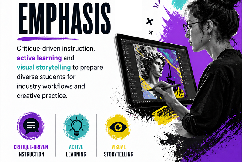 Critique-driven instruction, active learning and visual storytelling to prepare diverse students for industry workflows and creative practice.